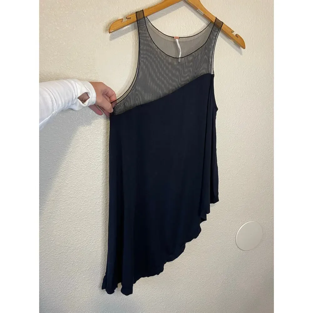 Free People Riley Asymmetrical Mesh Top Black Boho Relaxed Fit Tank Top Small